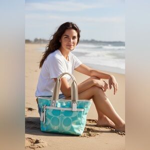 Coach Aqua and Cream Tote Bag